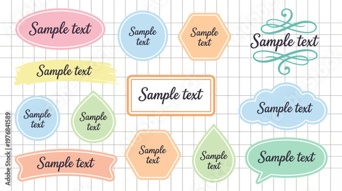 Set of pastel sticky notes in various shapes with sample text on a light background, ideal for planning, reminders, and editable templates