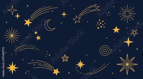 Decorative navy background with gold stars, crescent moons, and shooting comets for a celestial motif and festive design