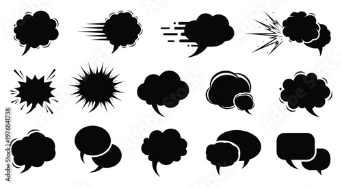 Set of black speech bubbles in a vector graphic style showing various shapes for comic book design projects