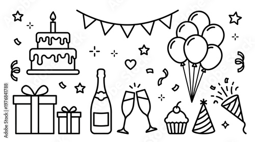 Birthday party celebration scene with cake, balloons, gifts, champagne, cupcakes and bunting in a festive illustration