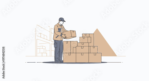 Construction worker in hard hat and workwear standing in front of building outline