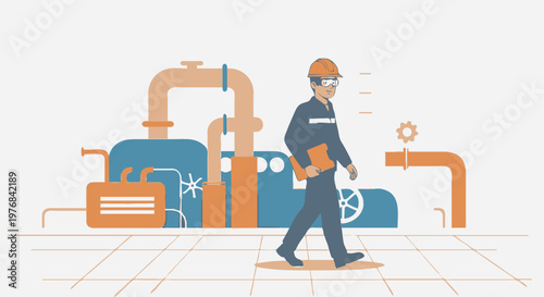 industrial pipes and machinery in orange and blue