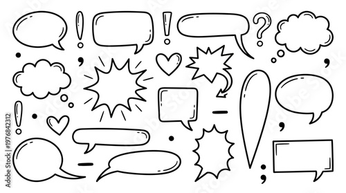 Collection of hand-drawn speech and thought bubbles with punctuation for comics, dialogue, and graphic design