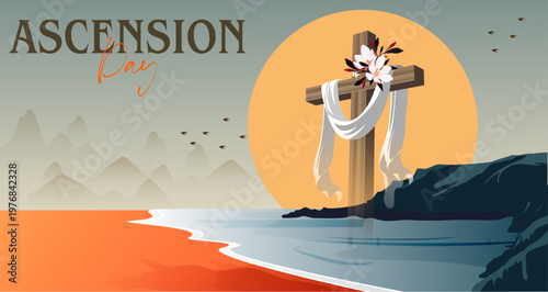 Ascension Day with Draped Cloth on Cross at Coastal Cliff with Golden Sunset Banner Illustration