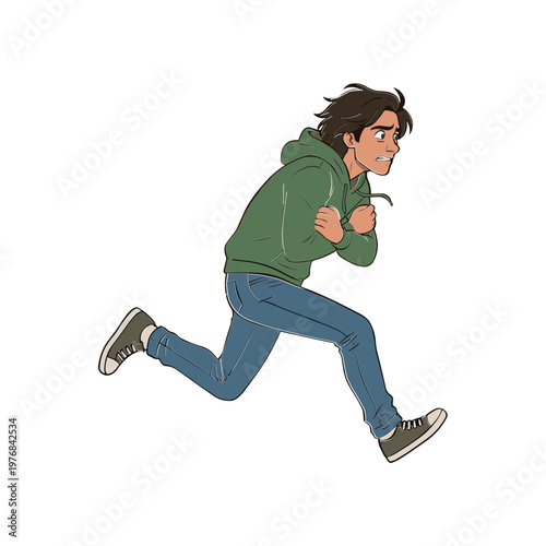 A person wearing a green hoodie runs quickly on a city street.