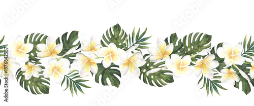 Watercolor tropical seamless border with green leaves and white flowers on light background. Botanical horizontal frame with natural composition. Perfect for design, invitation and packaging.