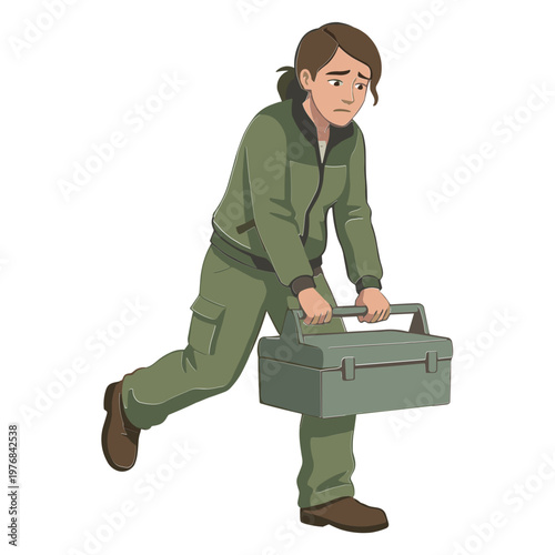 A woman in green overalls is running with a large toolbox in her hands.