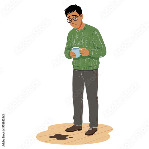Man in green sweater holding coffee cup on wooden floor indoors