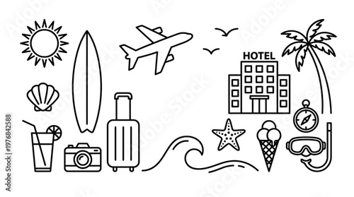 A hand-drawn collage of tropical vacation icons featuring sun, surfboard, airplane, hotel, palm trees, seashells and waves.