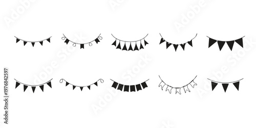 Black Party Banner Icon Set Celebration Garland Bunting Decoration Symbols