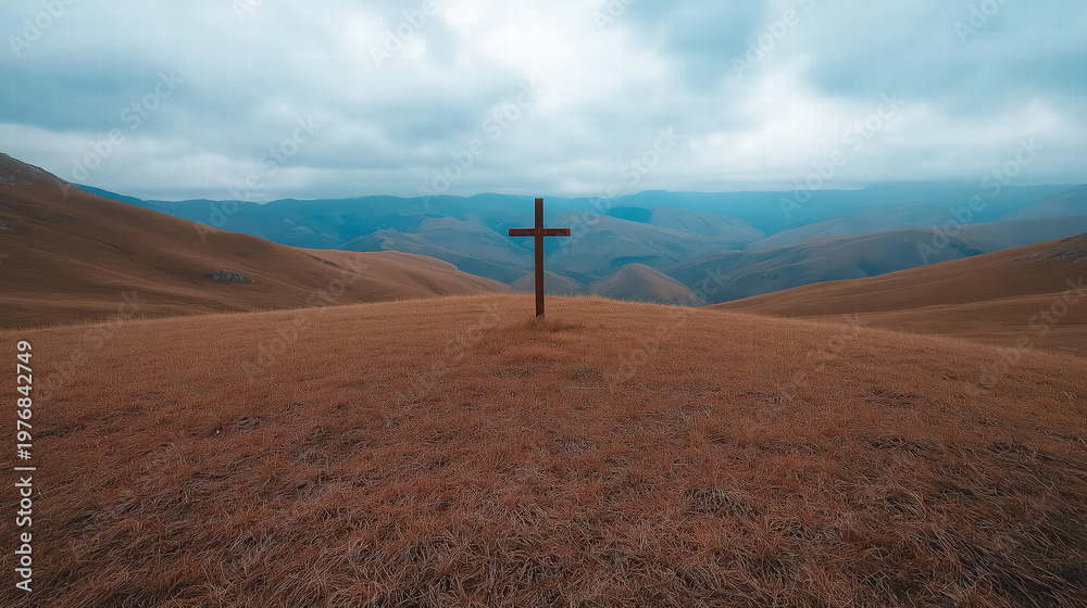 Obraz premium Cross standing alone at the top of a hill at night, dramatic dark sky, quiet and solemn biblical atmosphere, powerful symbol of faith and sacrifice