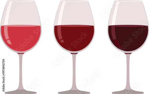Set of Three Elegant Wine Glasses Filled with Different Shades of Red Wine from Rosé to Dark Ruby Isolated Illustration for Tasting Events and Menus