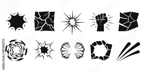 Black Smash Impact Icon Set Punch Explosion Power Break Symbols