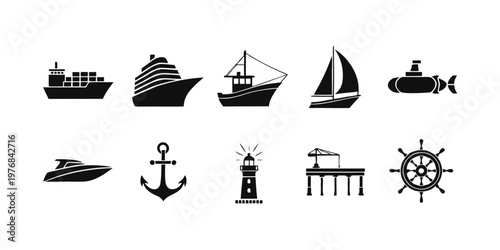 Black Marine Ship Icon Set Nautical Boat Transportation Silhouette