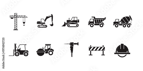 Black Construction Equipment Icon Set Industrial Building Tools Silhouette
