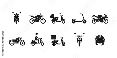 Black Motorcycle Scooter Icon Set Two Wheeler Transportation Silhouette