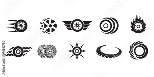 Black Tire Speed Motion Icon Set Racing Wheel Drift Vector Collection