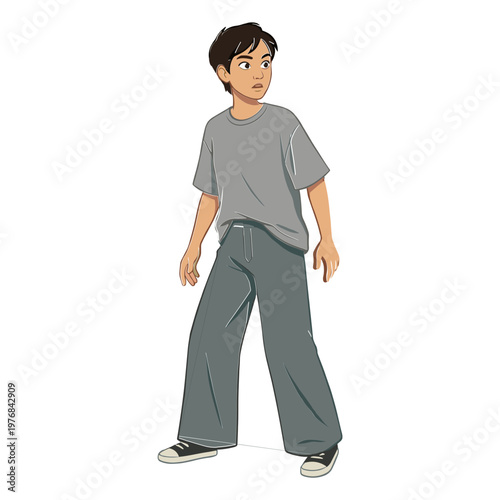 A young boy wearing casual clothes stands looking sideways in a neutral environment.