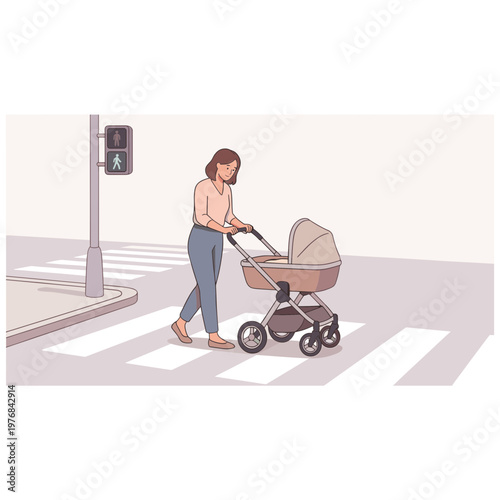 A woman pushes a baby stroller across a city street at a crosswalk