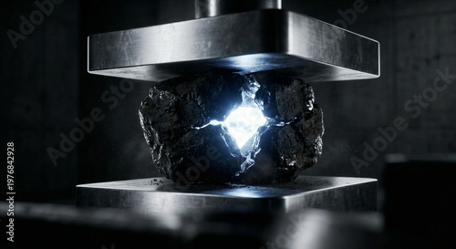 Hydraulic press crushing a dark coal rock to reveal a glowing bright diamond inside, pressure creating value concept.
