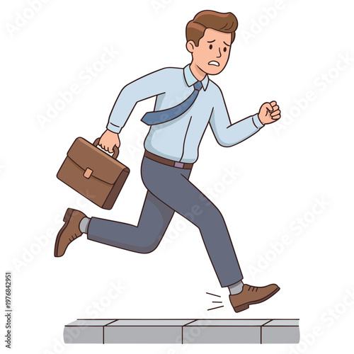 Man in business attire runs quickly with briefcase on sidewalk