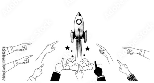 Halftone rocket collage banner with human hands and newspaper cutouts business startup idea concept