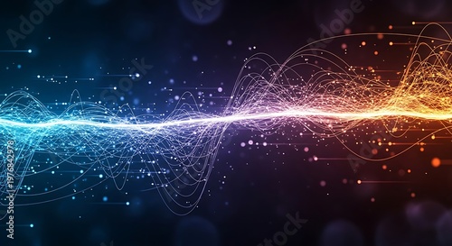 Vibrant multicolored light waves with glowing particles and lines on dark background