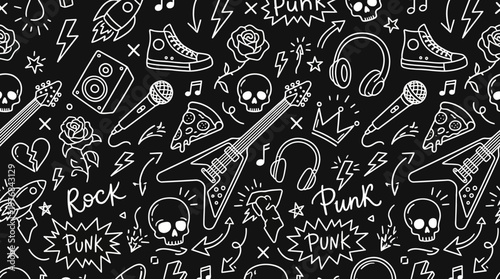 Dynamic black chalkboard pattern of rock and punk music doodles featuring guitars, skulls, headphones, vinyl records, microphones, and cassette tapes