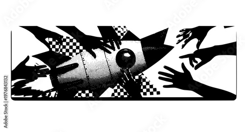 Startup idea creation collage with assembling rocket and hands halftone newspaper banner