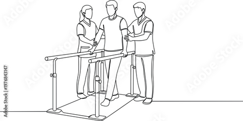 Rehabilitation Therapy Scene with Patient Walking on Parallel Bars Assisted by Physiotherapists, Line Art Illustration for Healthcare and Recovery Concepts
