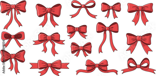 Red Ribbon Bows Collection with Decorative Gift Knots and Ties, Festive Illustration Set for Christmas, Holiday Packaging and Celebration Design