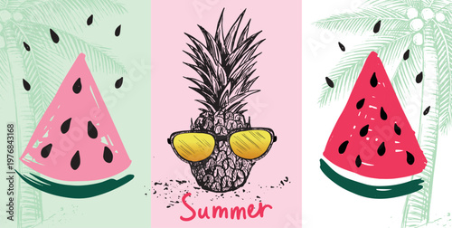Watermelon red, pink, slice and pineapple set background, hand drawn illustration.