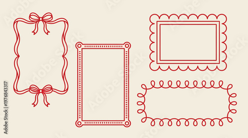 Set of vintage red decorative picture frames and borders on beige background for invitations and crafts