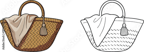 Straw beach bag illustration & outline set isolated on transparent background