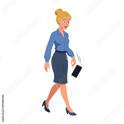 A woman walks quickly while holding a hot beverage in her office attire.