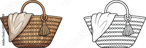 Straw beach bag illustration & outline set isolated on transparent background