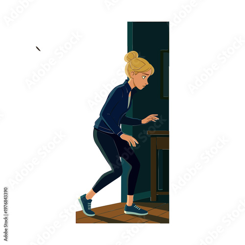 Woman sneaking through a doorway in a dark room quickly indoors.