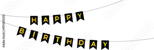 Happy birthday black and gold color bunting flag hanging on isolated transparent background for birthday greeting card, banner, poster design element