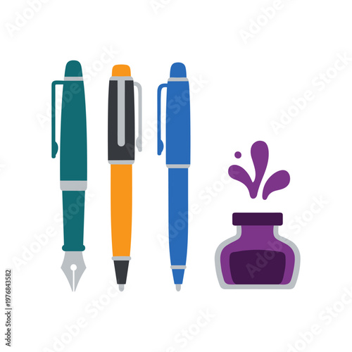 Set of writing instruments including fountain pen ballpoint pen and inkwell with purple ink splashes isolated on white background collection of stationery tools for office work and calligraphy.