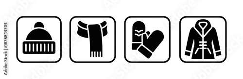 Set of four black and white icons representing winter clothing and accessories including a beanie, scarf, mittens, and jacket