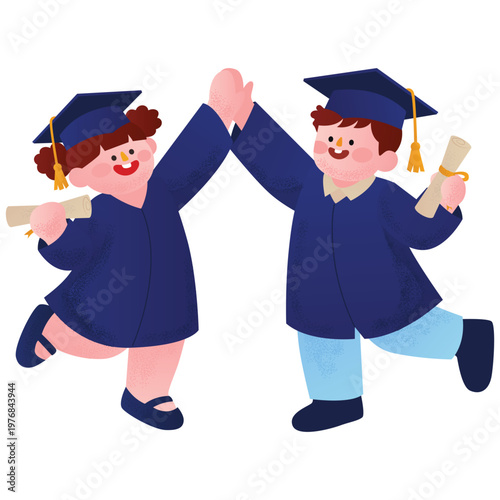Graduation Prep Illustration. Vector illustration of Two graduates celebrating success with diploma and high five joyful moment. Isolated on background