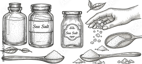 Sea Salt Collection with Glass Jars, Spoon, Crystals and Powder, Vintage Engraved Food Illustration Set for Cooking, Seasoning, Culinary Use, and Kitchen Design