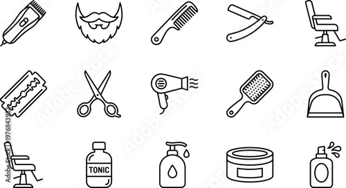 Barber shop vector icon set featuring professional hair salon tools hair clipper scissors razor comb beard grooming and beauty spa equipment