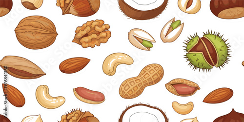 Seamless Nuts Pattern with Almond, Walnut, Pistachio, Peanut and Cashew, Hand Drawn Food Illustration for Healthy Snacks, Organic Nutrition, Packaging, and Textile Design