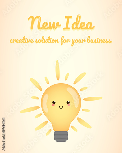 Cute Light Bulb Character New Idea Concept, Creative Business Banner on Light Background