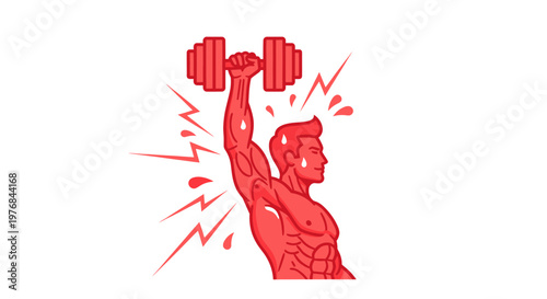 Man lifting heavy dumbbell, fitness exertion, muscle strength, sweat drops, red graphic illustration