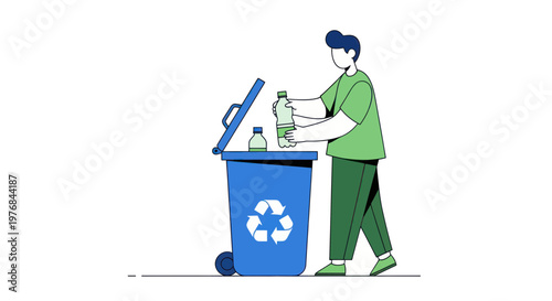 Foto Man Recycling Plastic Bottles into Blue Bin with Recycling Symbol