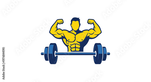 Muscular bodybuilder flexing biceps with barbell, fitness and strength concept