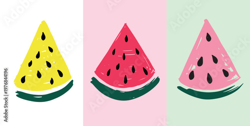 Watermelon pink, red, yellow slice on white background, hand drawn illustration.	
