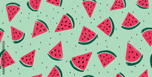 Watermelon slice on green background, hand drawn illustration.